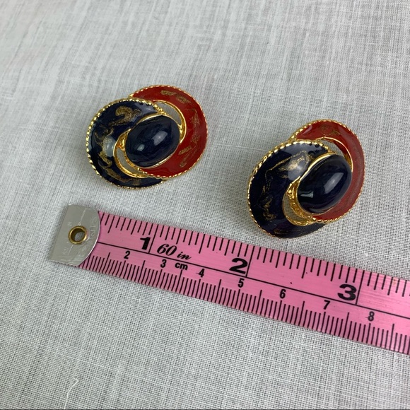 Vintage Enamel Cabochon Red And Blue Statement Earrings - Picture 3 of 4